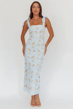 Coastal Bloom Tied Shoulder Maxi Dress Embroidered Baby Blue