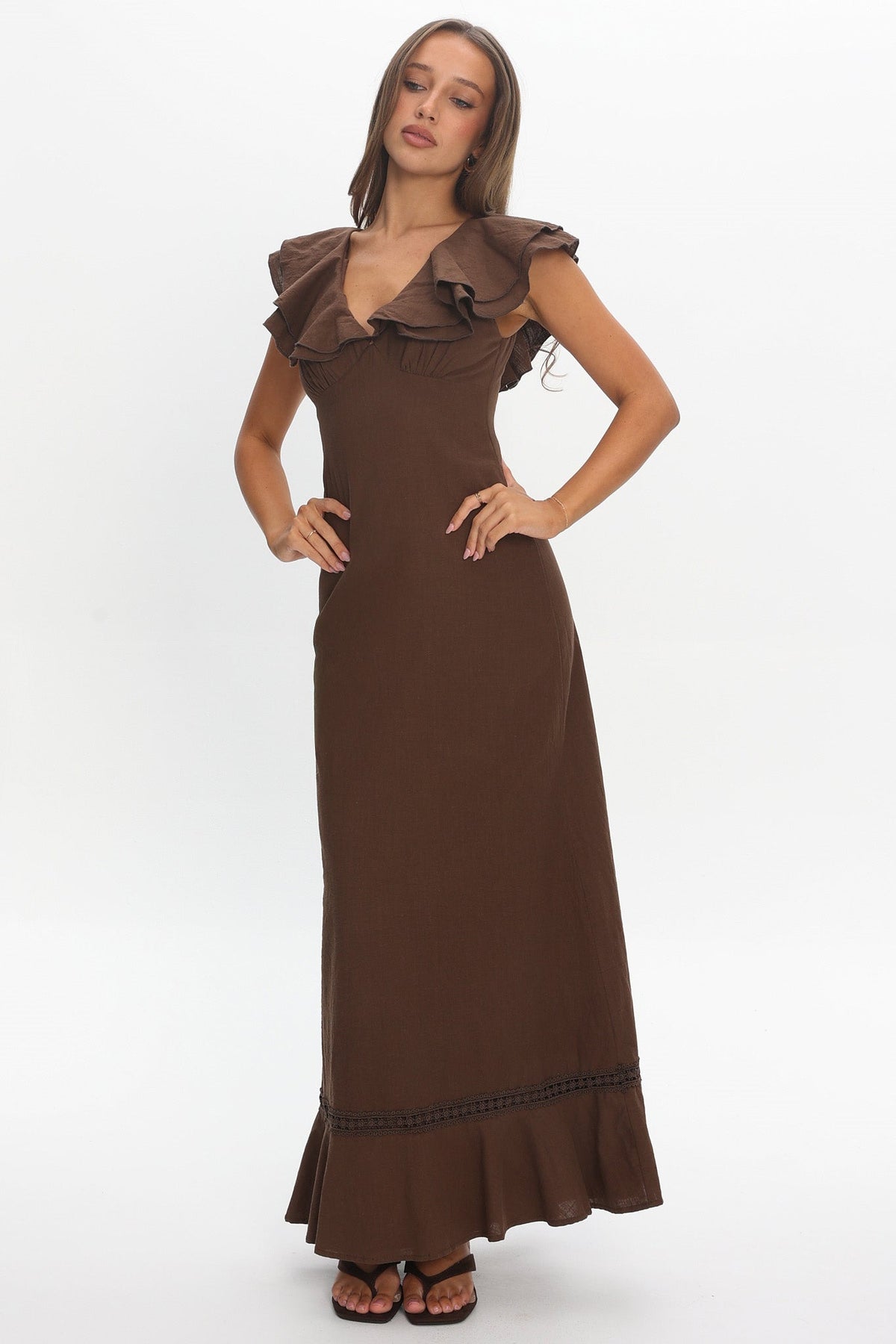 Anohana Ruffle Maxi Dress Chocolate