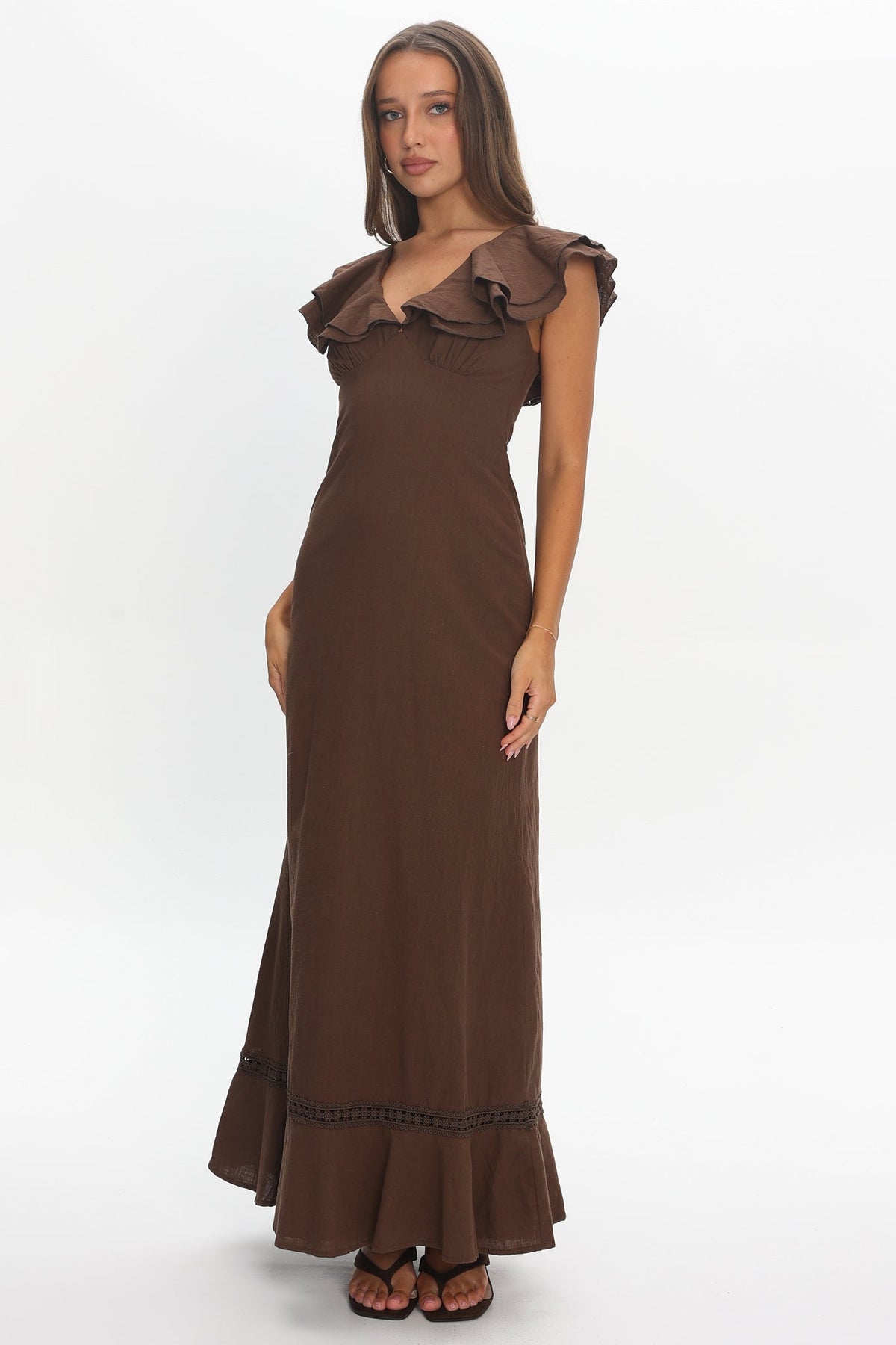Anohana Ruffle Maxi Dress Chocolate