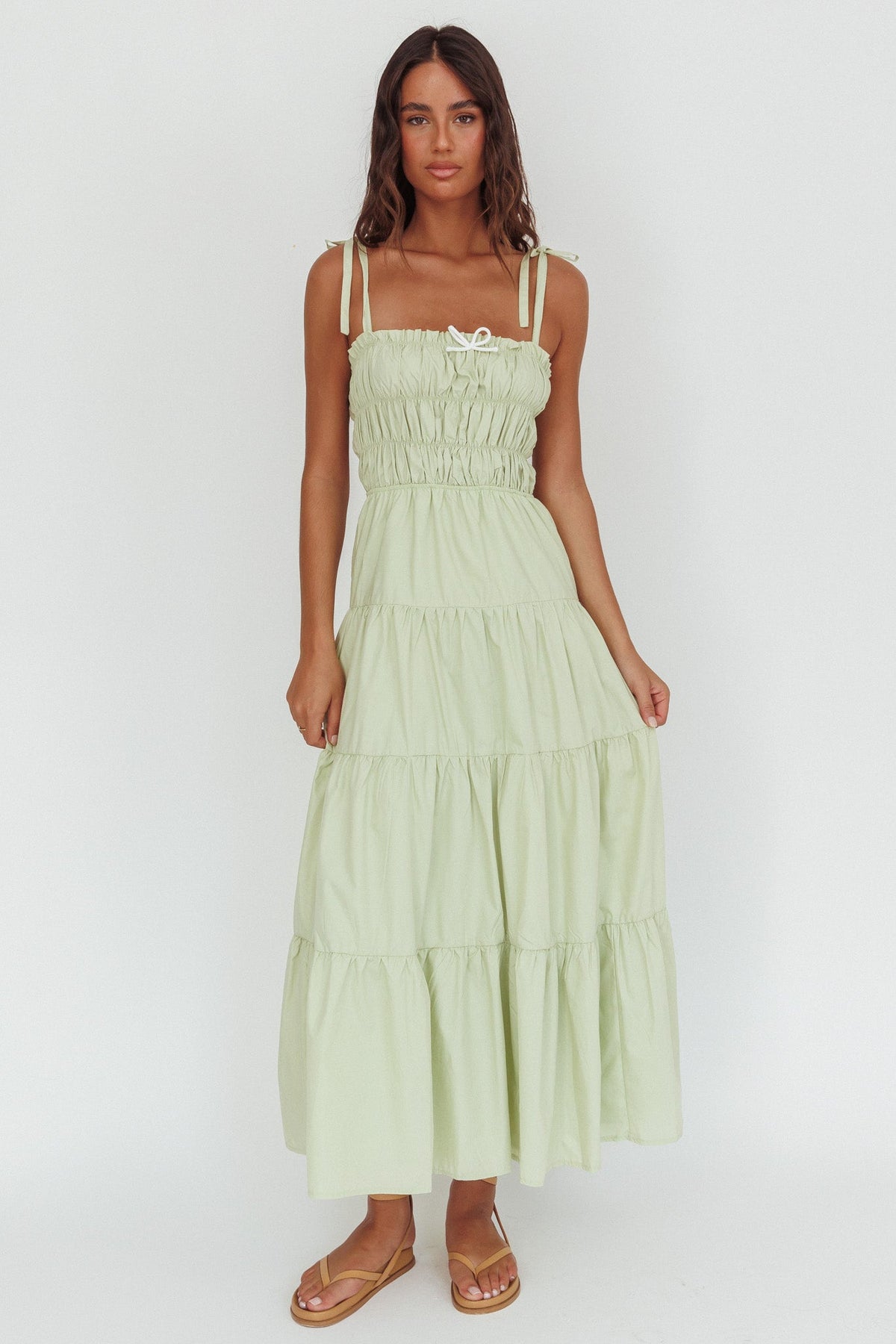 Anderson Tied Shoulder Smocked Bodice Maxi Dress Sage Main image