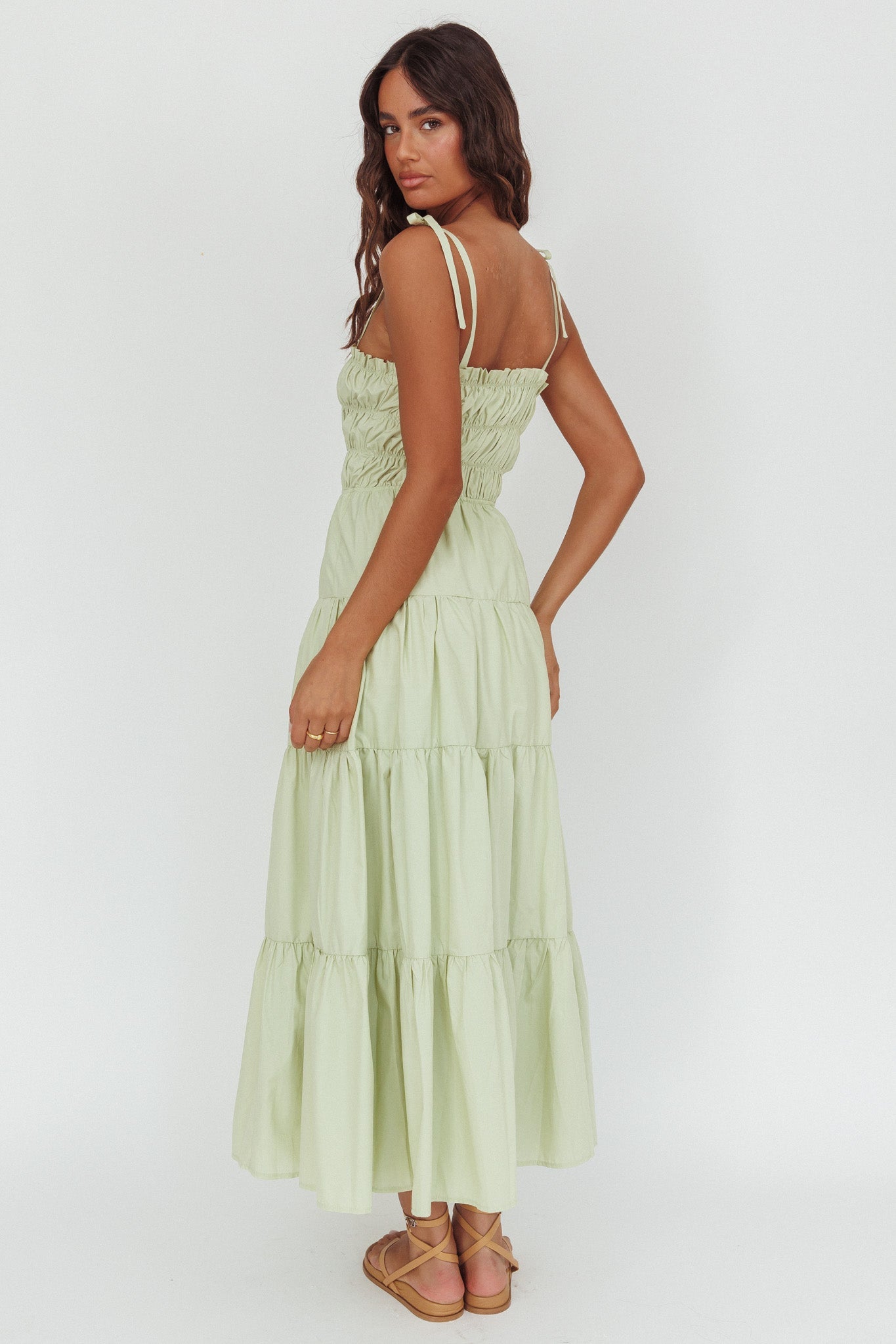 Anderson Tied Shoulder Smocked Bodice Maxi Dress Sage Secondary image