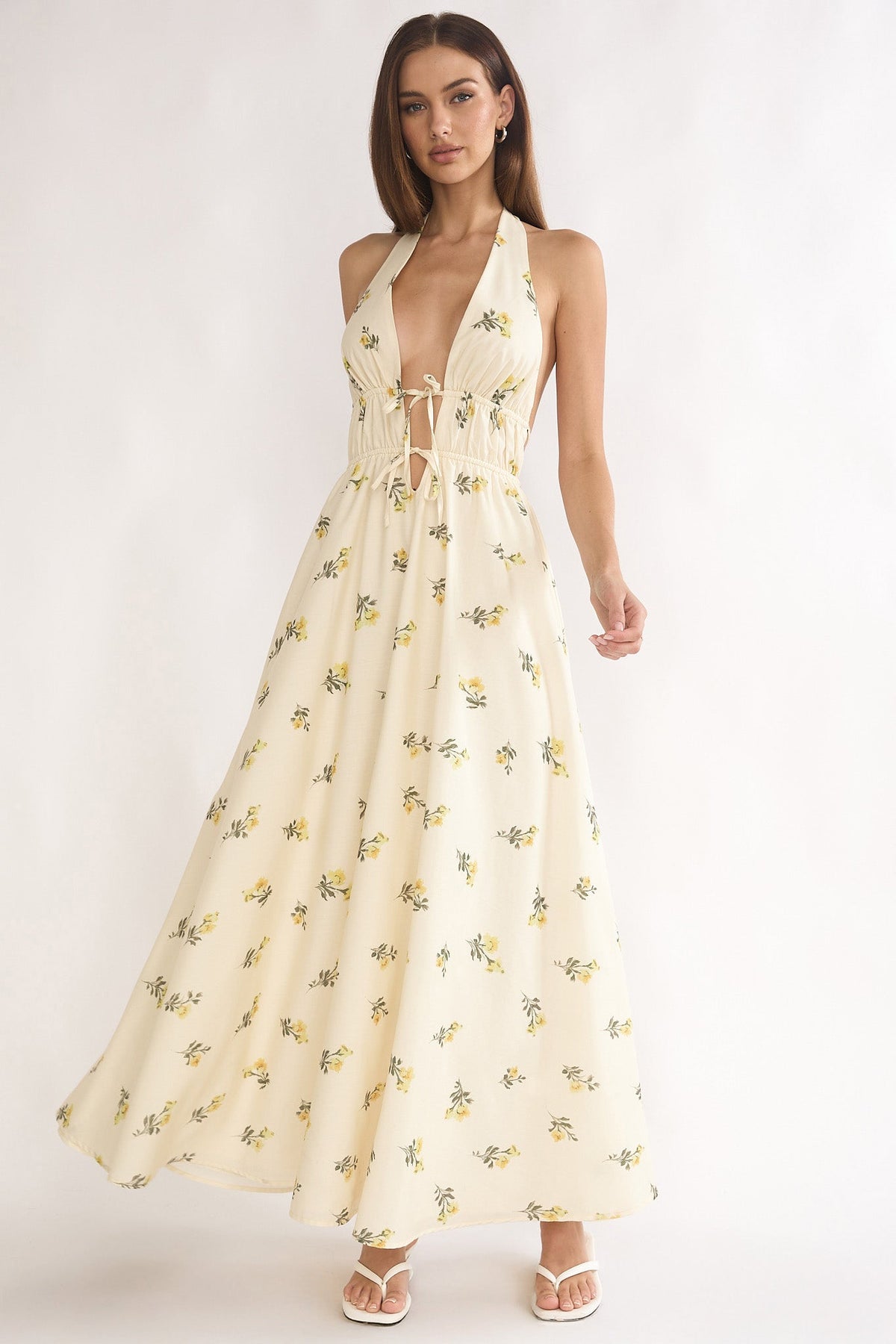 Under The Moons Tied Front Maxi Dress Floral Yellow Main image