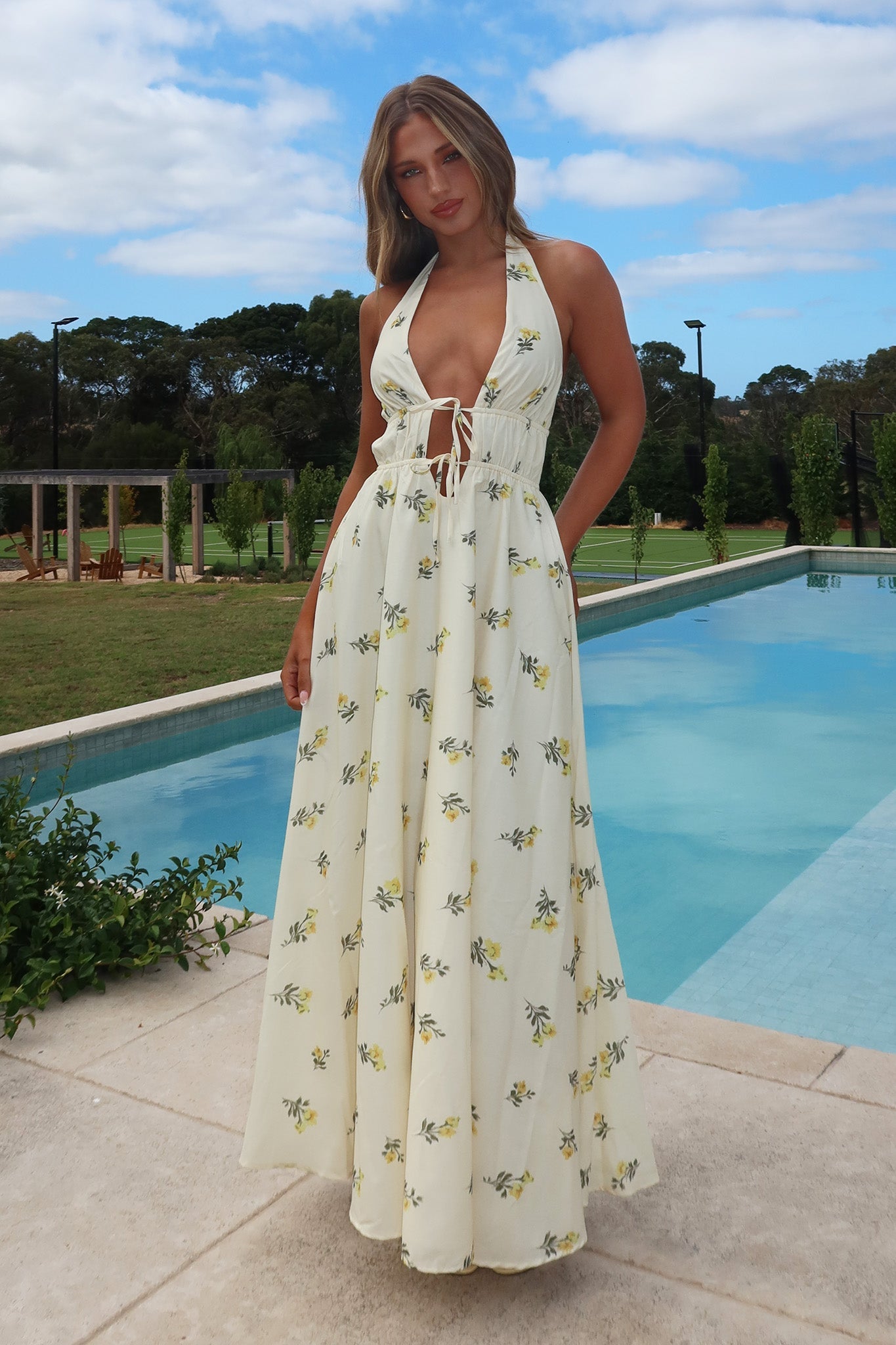 Under The Moons Tied Front Maxi Dress Floral Yellow Secondary image