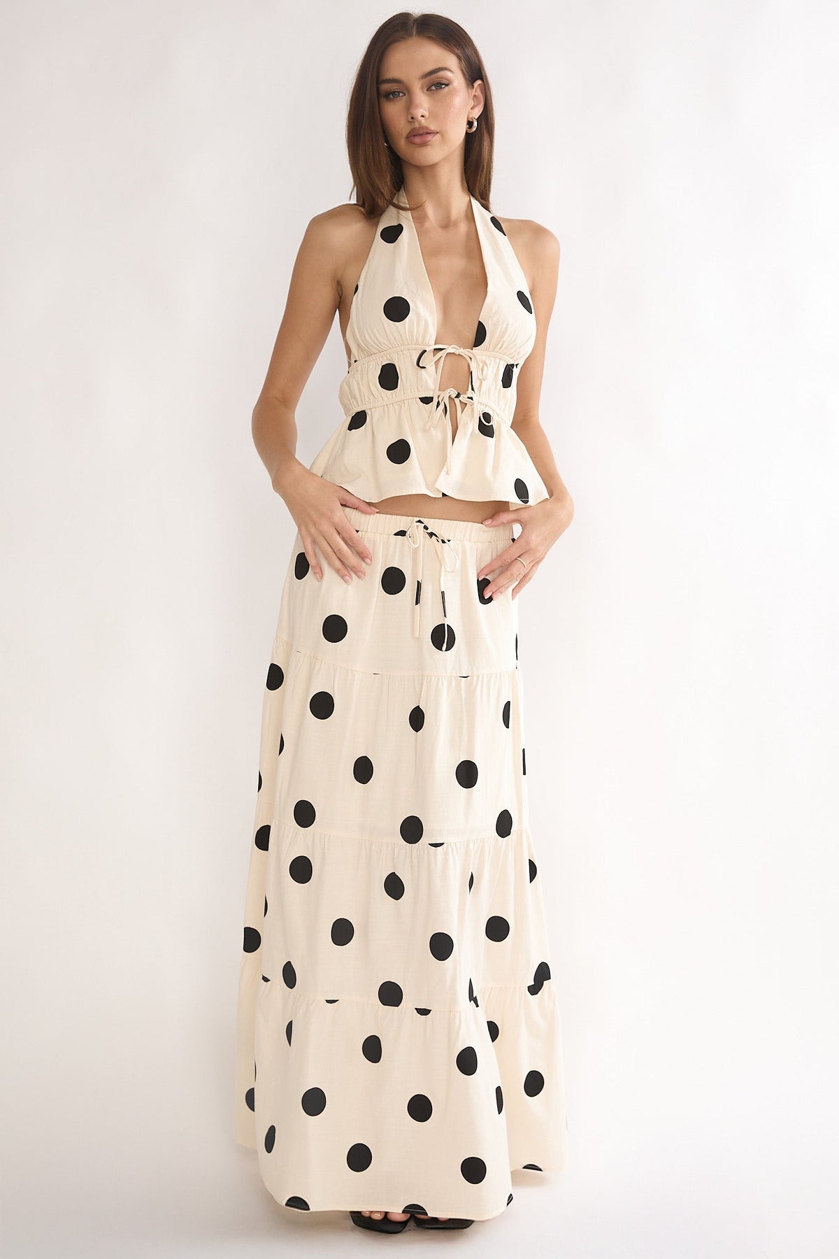 Under The Moons A-Line Maxi Skirt Polka Dot Beige