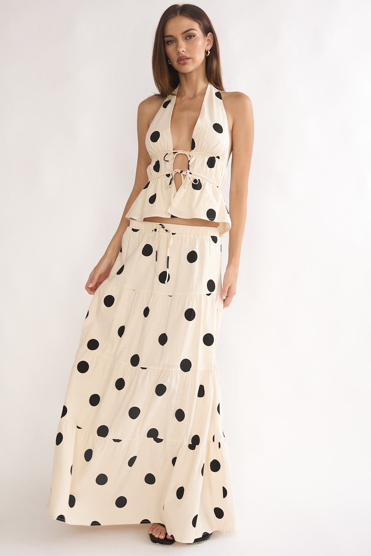 Under The Moons A-Line Maxi Skirt Polka Dot Beige