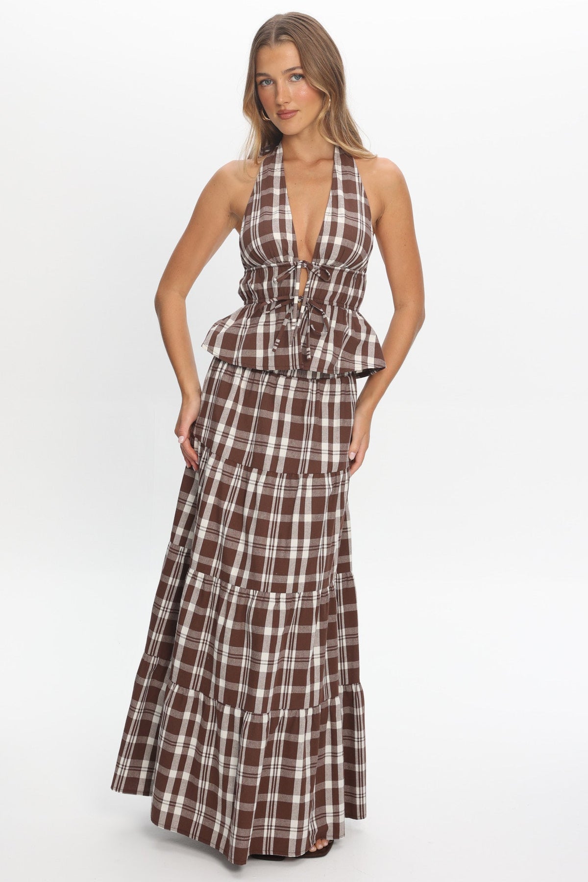 Admire Elasticated Maxi Skirt Plaid Chocolate Main image