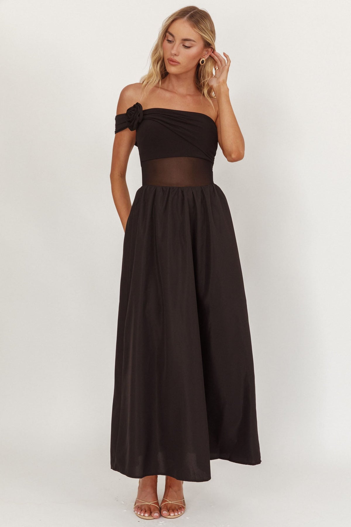 Uma One Sleeve Sheer Waist Midi Dress Black Main image