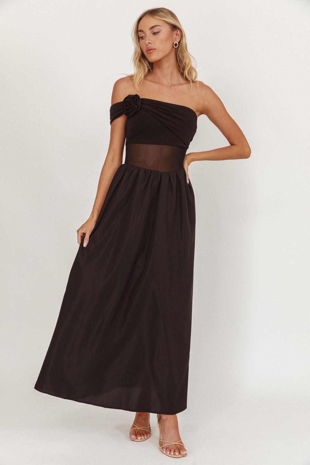 Uma One Sleeve Sheer Waist Midi Dress Black