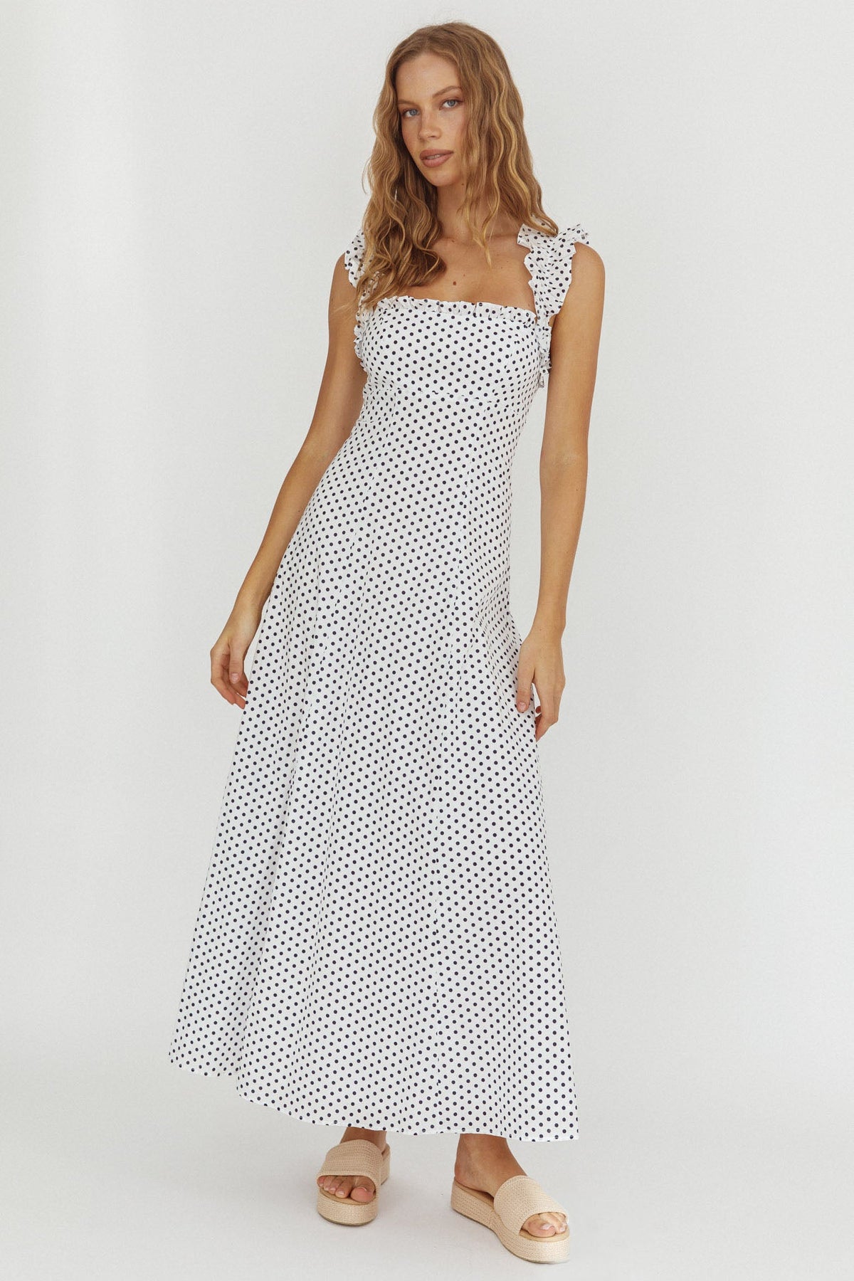 Warrior Sun Frill Strap Maxi Dress Navy Spot Main image