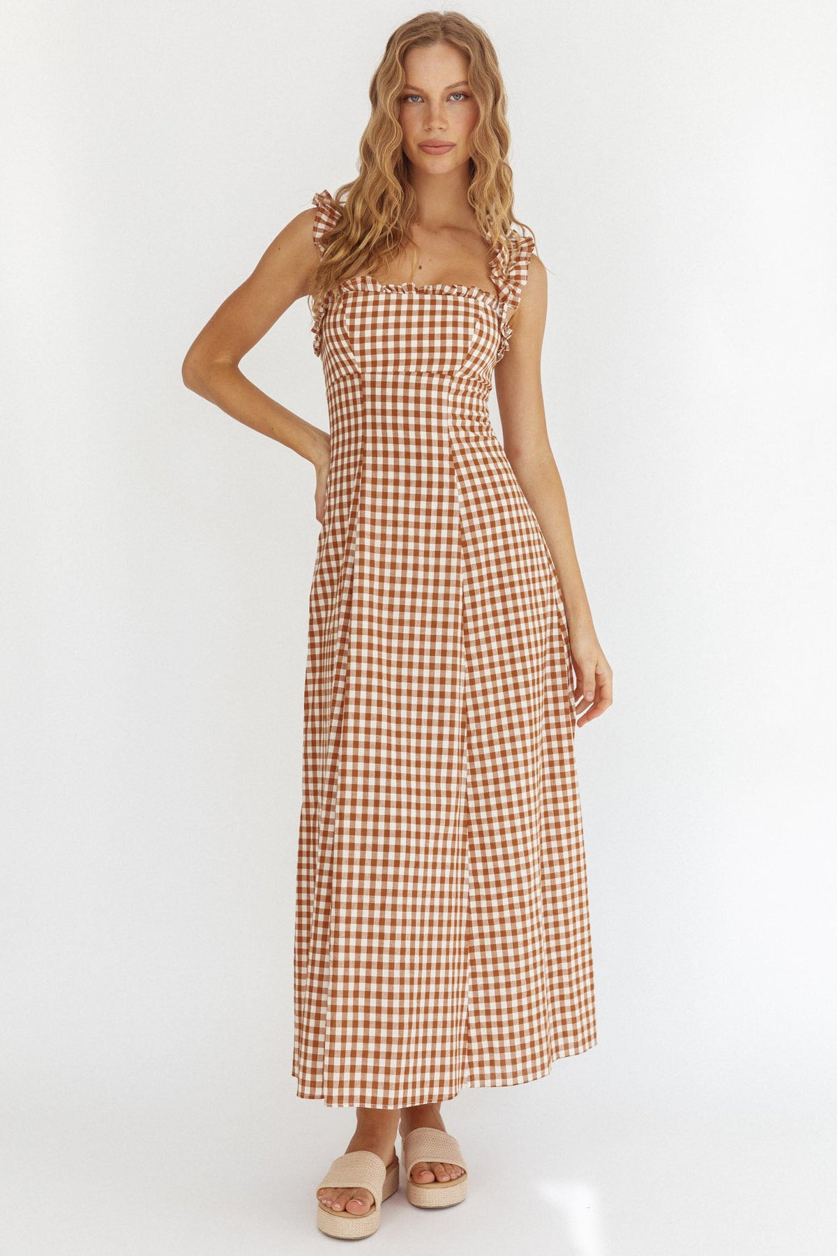 Warrior Sun Frill Strap Maxi Dress Tan Check Main image
