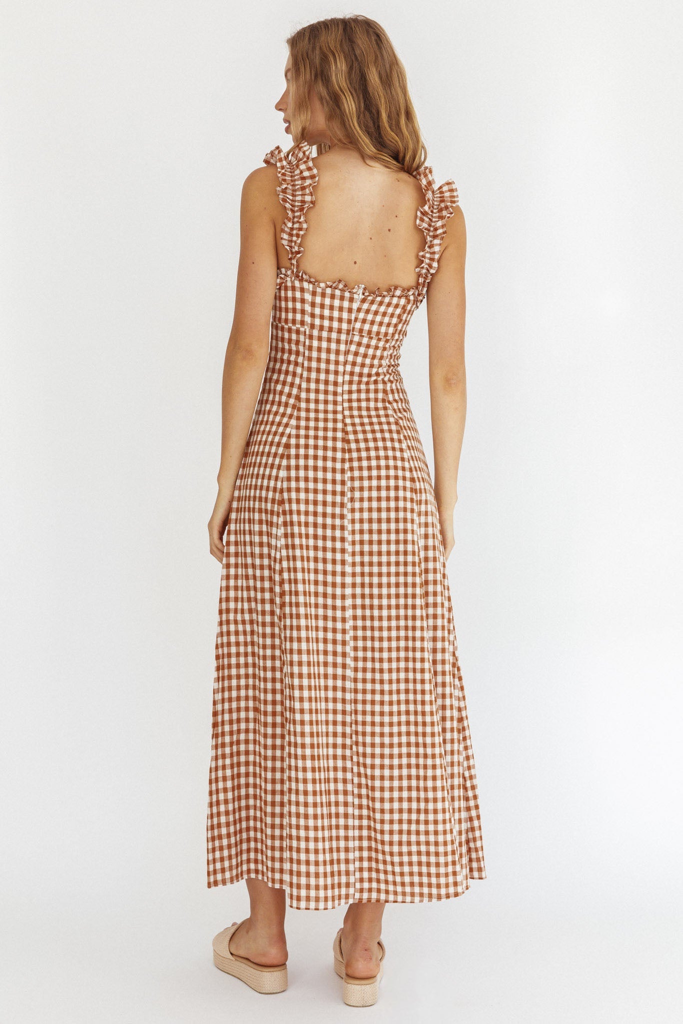 Warrior Sun Frill Strap Maxi Dress Tan Check Secondary image