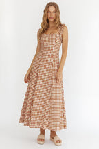 Warrior Sun Frill Strap Maxi Dress Tan Check