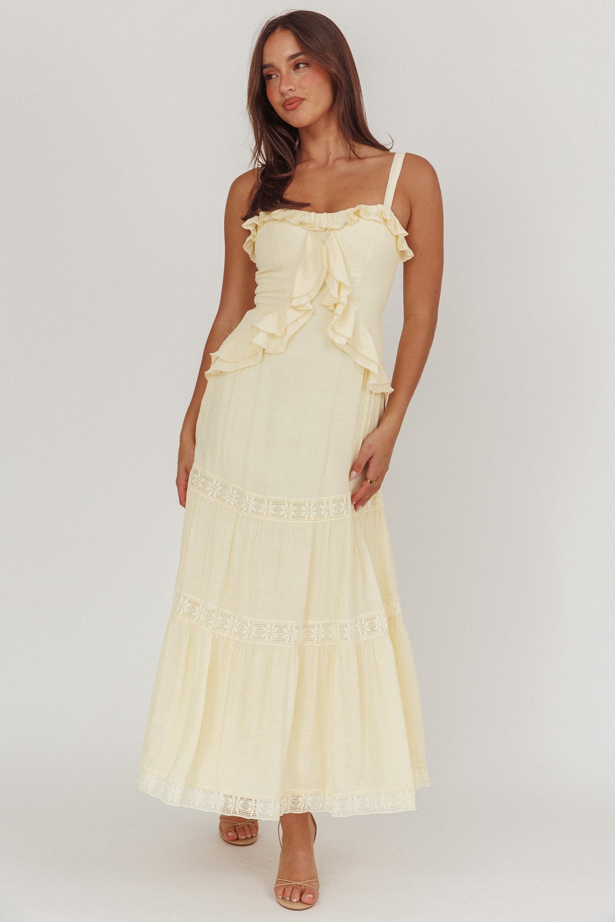 Vienna Sky Frill And Crochet Trim Maxi Dress Cream Main image