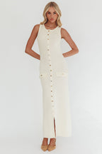 Kelani Gold Button Knit Maxi Dress Cream