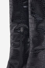Uptown | Black Croc Fitted Over-Knee Pointed Heeled Boots