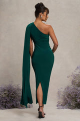 Amaryllis | Bottle Green Maternity One Shoulder Maxi Dress with Cape Sleeve