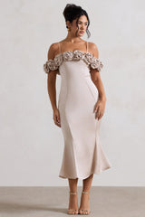 Petunia | Champagne Satin Floral Bardot Midi Dress