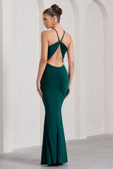 Brianna | Bottle Green Sleeveless Halter-Neck Open-Back Maxi Dress