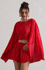Flare | Red Plisse Cape Sleeve Crop Top