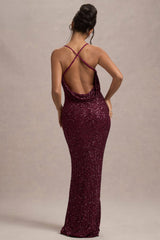 Cosmic | Berry Sequin Square-Neck Strappy Maxi Dress