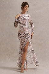 Tigerlily | Leopard Print Mesh Long-Sleeve Open-Back Maxi Dress