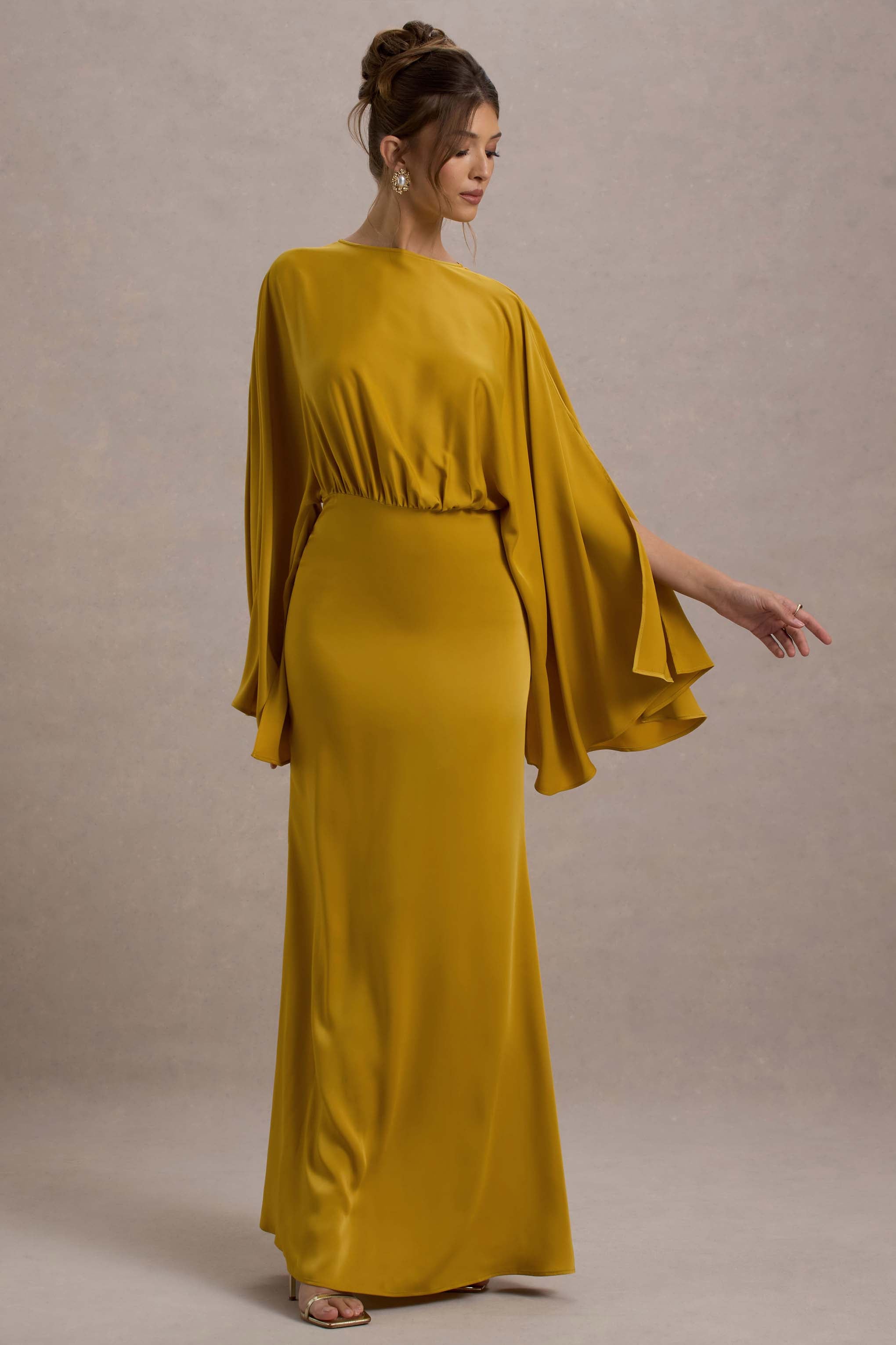 Zuzanna | Mustard Draped Maxi Dress With Cape Sleeves