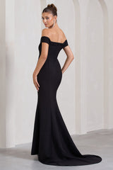 Karma | Black Bardot Split Fishtail Maxi Dress