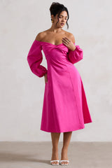 Santino | Hot Pink Twisted Bardot Puff-Sleeve Midi Dress