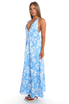 Plumeria Floral Halter Maxi Dress Light Blue