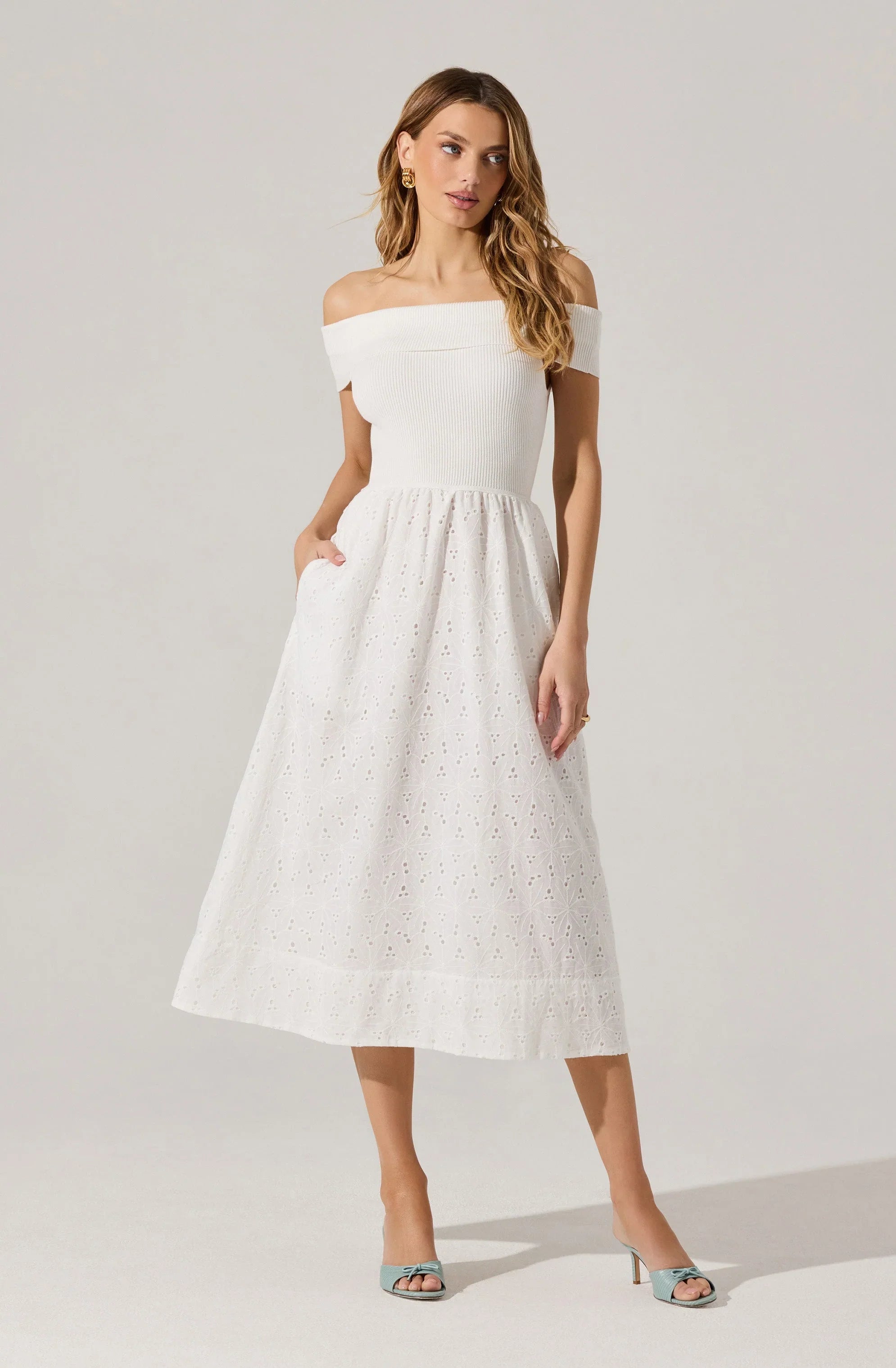 Lbruh Off Shoulder Eyelet Midi Dress