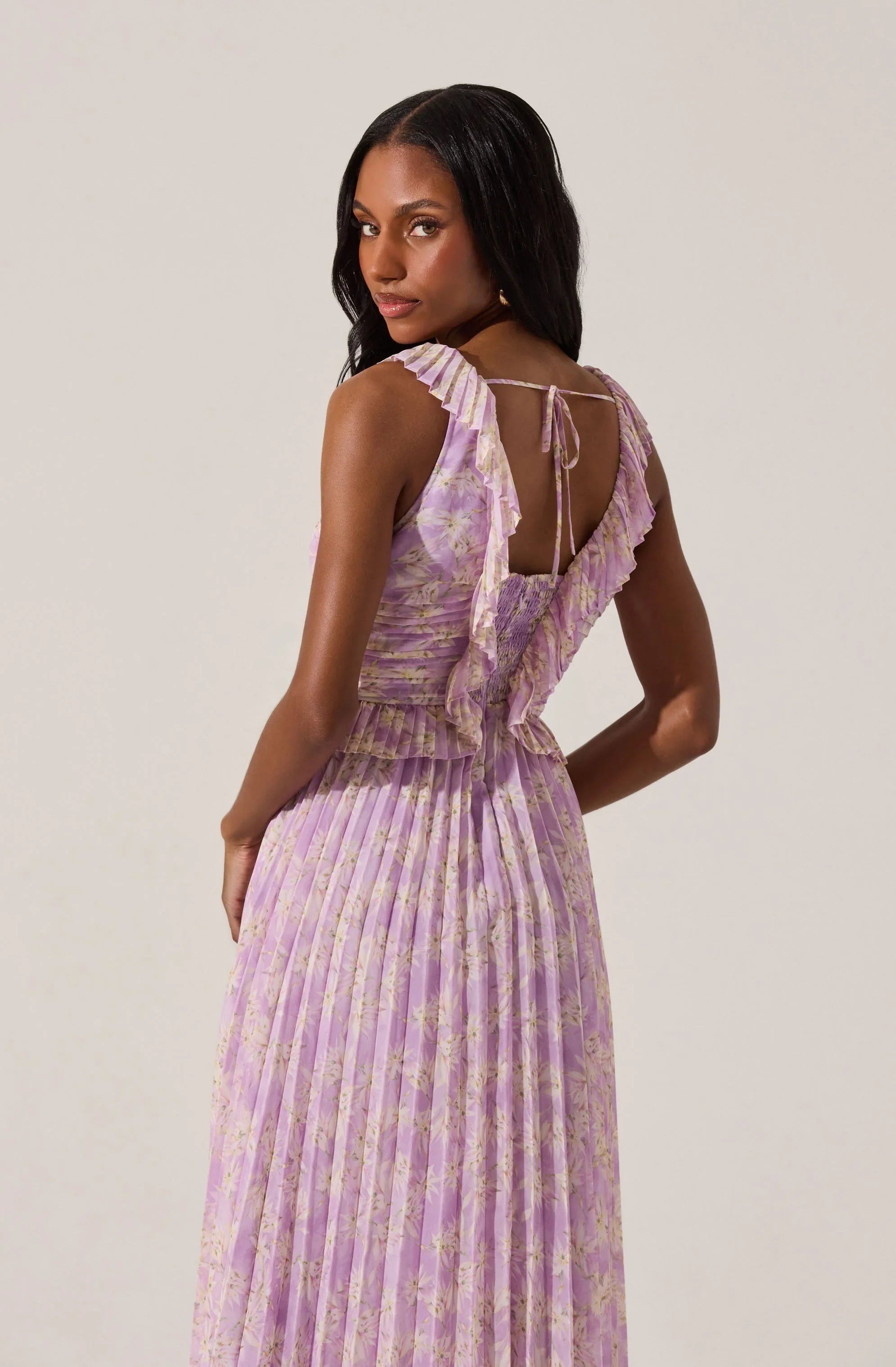 Lbruh Floral Ruffle Pleated Midi Dress