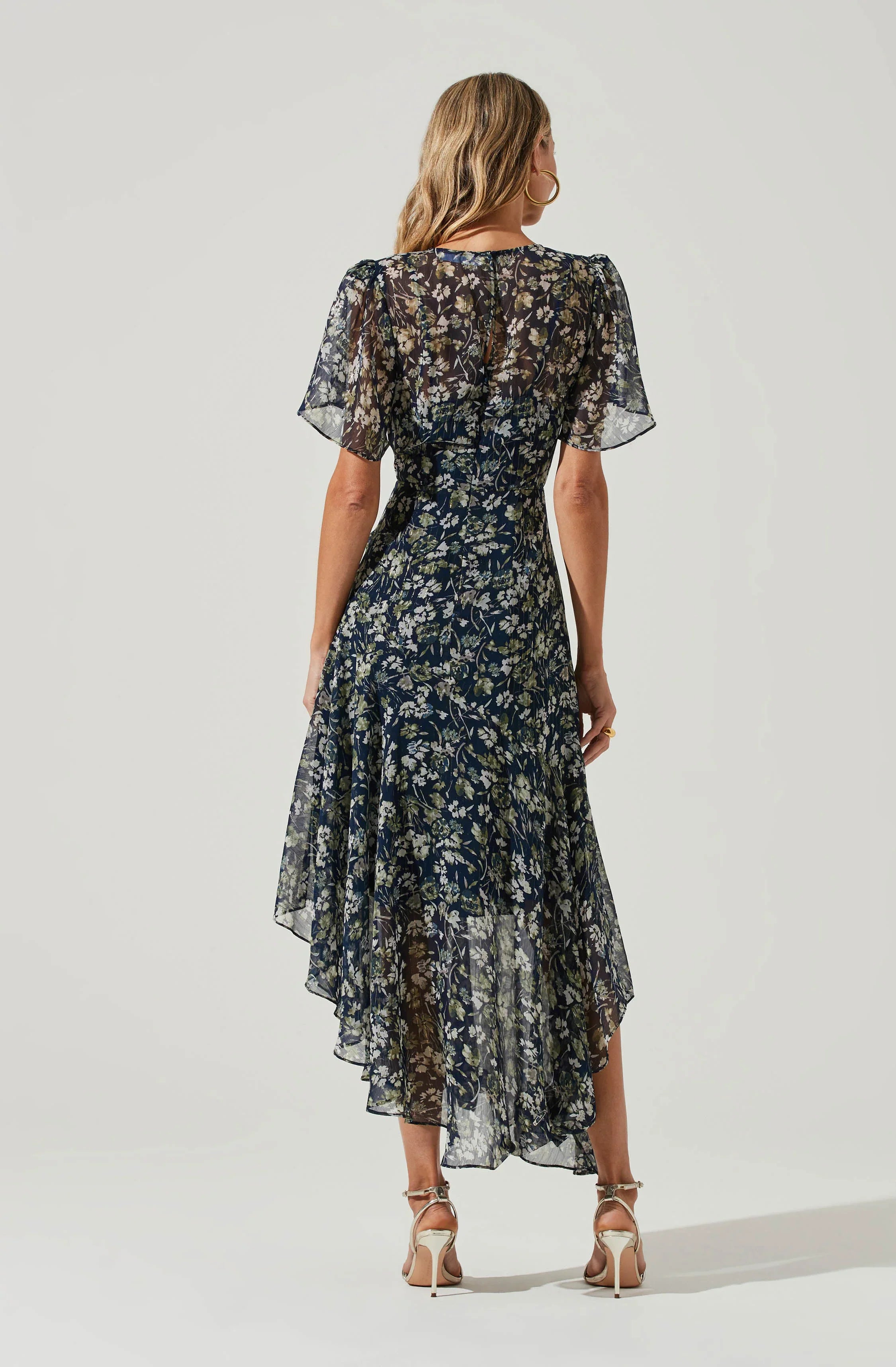 Inixyf Flutter Sleeve Floral Asymmetric Maxi Dress