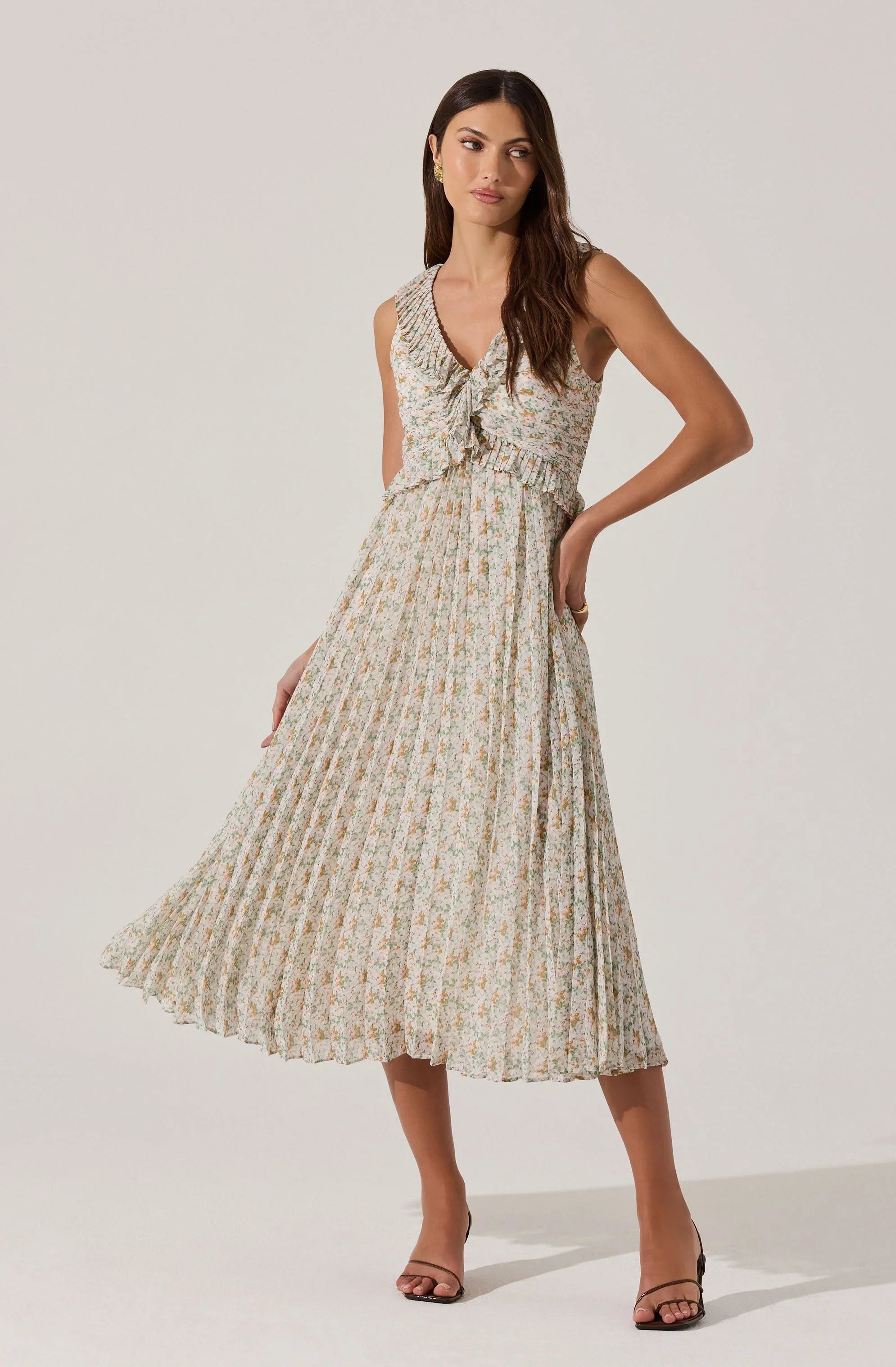Lbruh Floral Ruffle Pleated Midi Dress