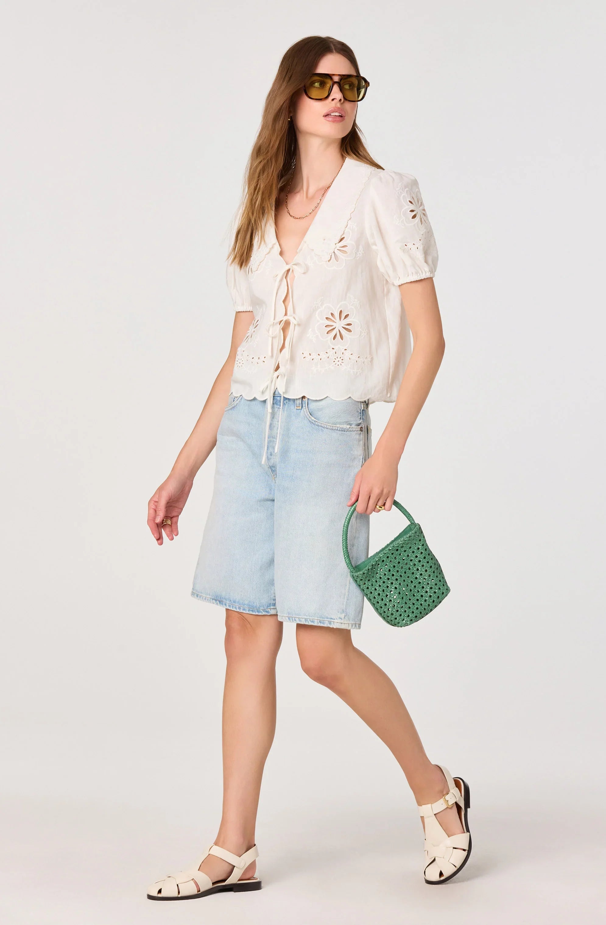 Inixyf Eider Embroidered Cutwork Tie-Front Top
