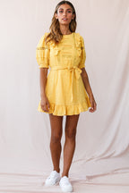 Delia Puff Sleeve Crochet Detail Dress Mustard
