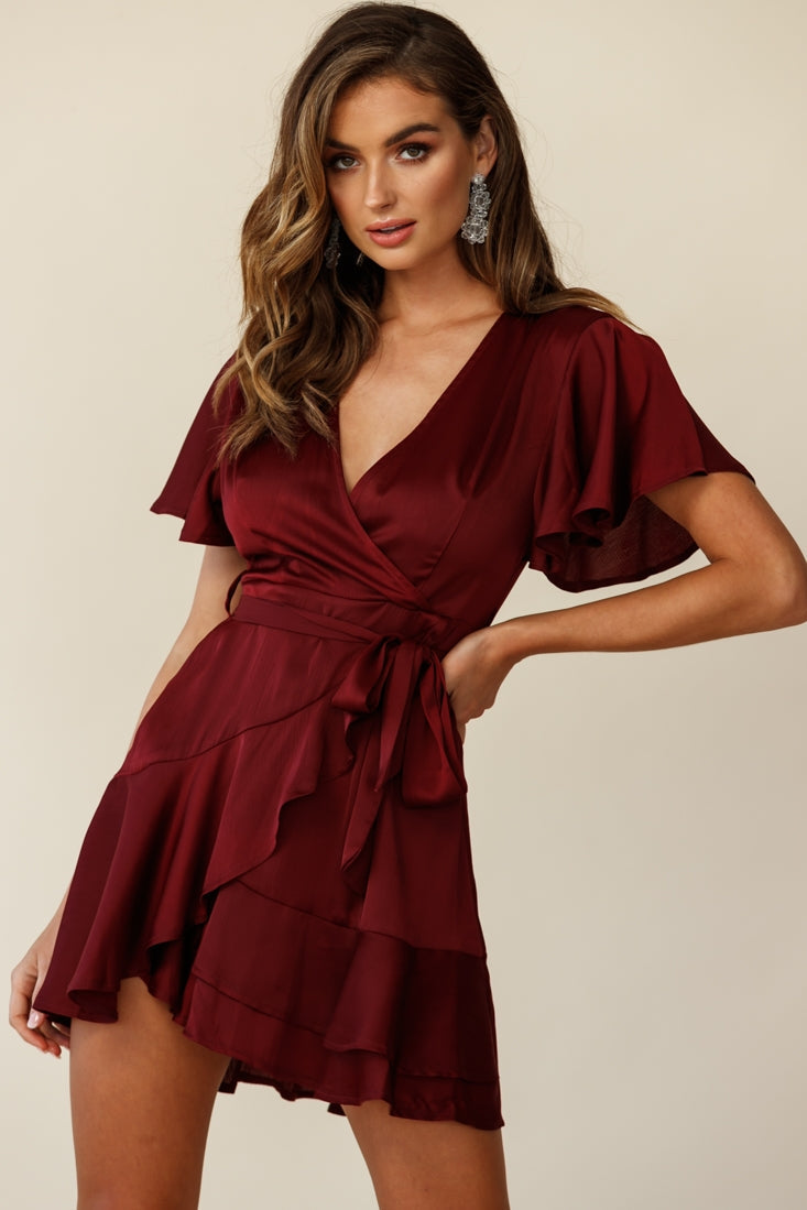 Cami Angel Sleeve Faux Wrap Dress Wine Main image