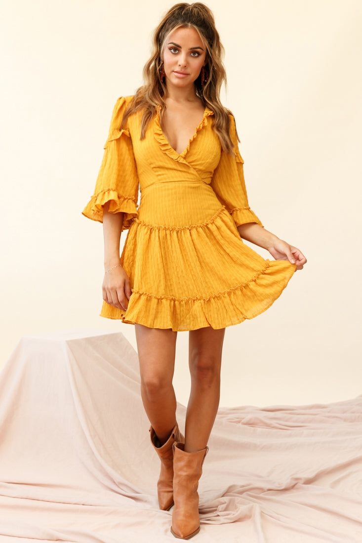 Albany Lace Up Back Frill Dress Shirred Mustard Secondary image