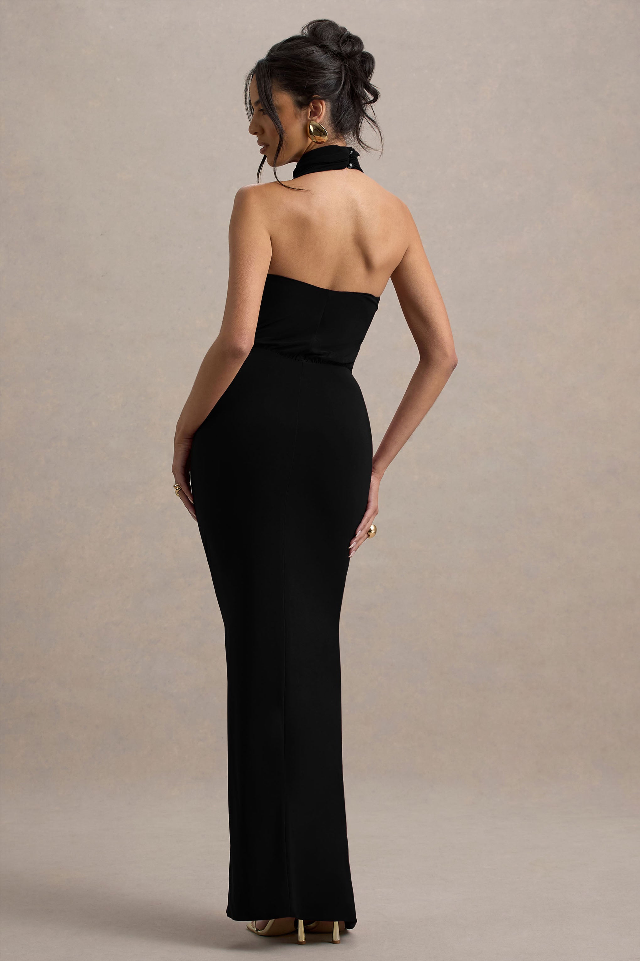 Hayden | Black High-Neck Draped Split Maxi Dress