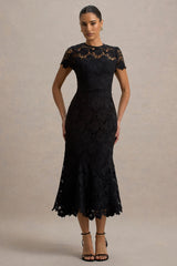 Clarissa | Black Lace Short-Sleeve Midi Dress