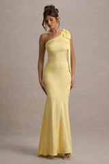 Here For Love | Pale Lemon Satin Asymmetric Maxi Dress With Bow