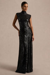 Cecy | Black Sequin High-Neck Maxi Dress With Cap Sleeves