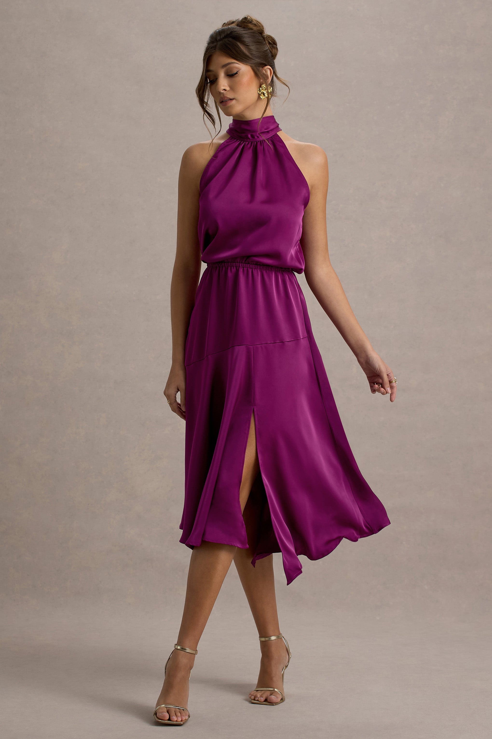 Palonia | Dark Pink Satin High-Neck Split Midi Dress