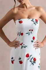 Azra | Rose Print Satin Bandeau Maxi Dress