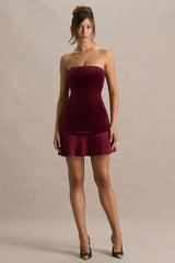 Valentina | Burgundy Velvet Bandeau Mini Dress With Pleated Detailing