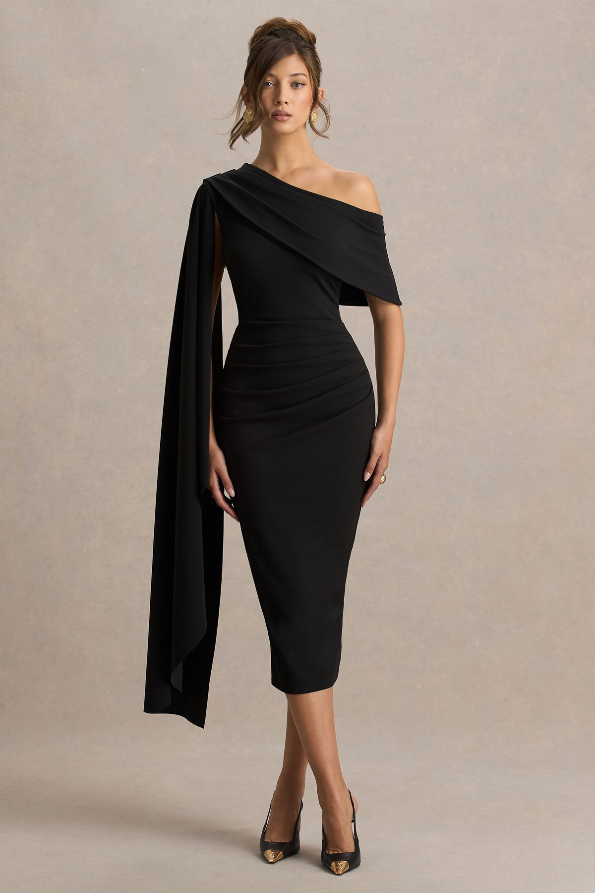 Leah | Black Asymmetric-Neck Midi Dress With Cape-Sleeve