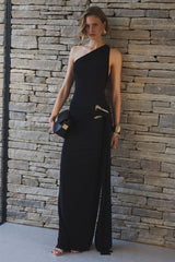 Bonnie | Black Asymmetric-Neck Maxi Dress With Open-Back