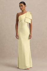 Valerie | Lemon Satin Asymmetric-Neck Maxi Dress With Bow Detail