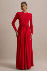 Estrella | Red High-Neck Maxi Dress With Ruched Detailing
