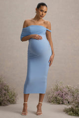 Jen | Powder Blue Bardot Twisted Maternity Midi Dress