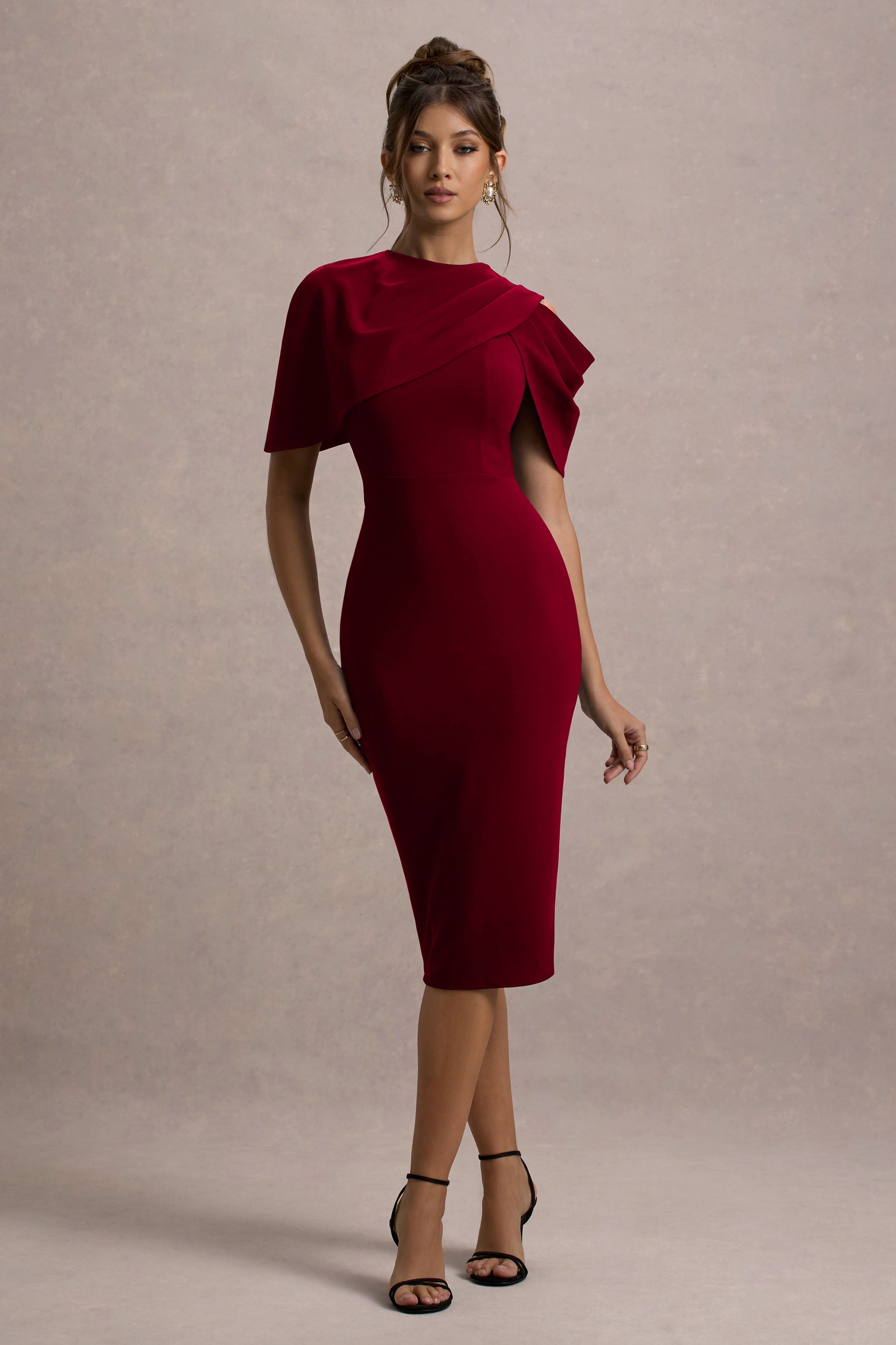 Dorothea | Berry Draped Midi Dress With Cape